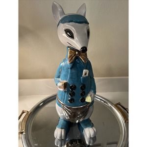 Vintage Ceramic Poker Dealing Sly Fox Card Dealer Decanter Blue Gold